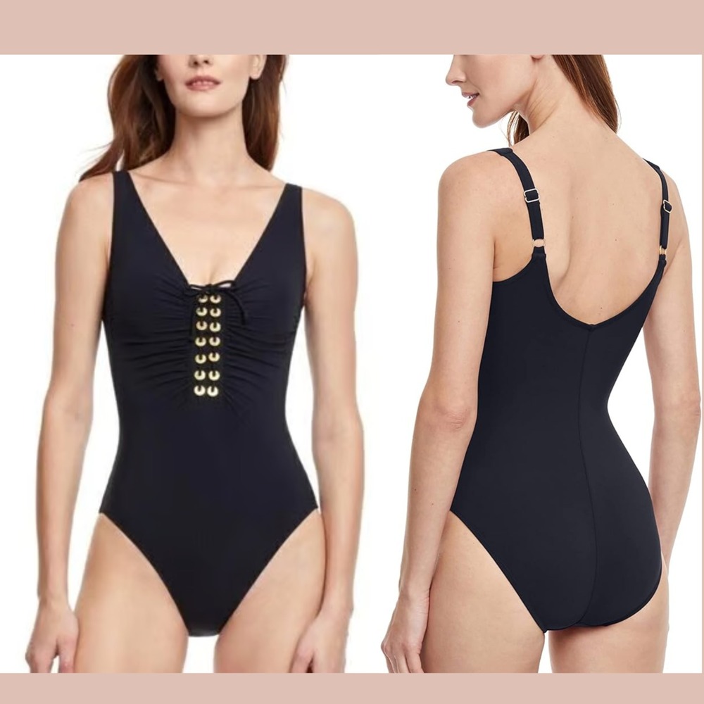 NWT‎ Gottex [ 8 US ] Golden Touch V Neck One Piece Swimsuit Black #u1342